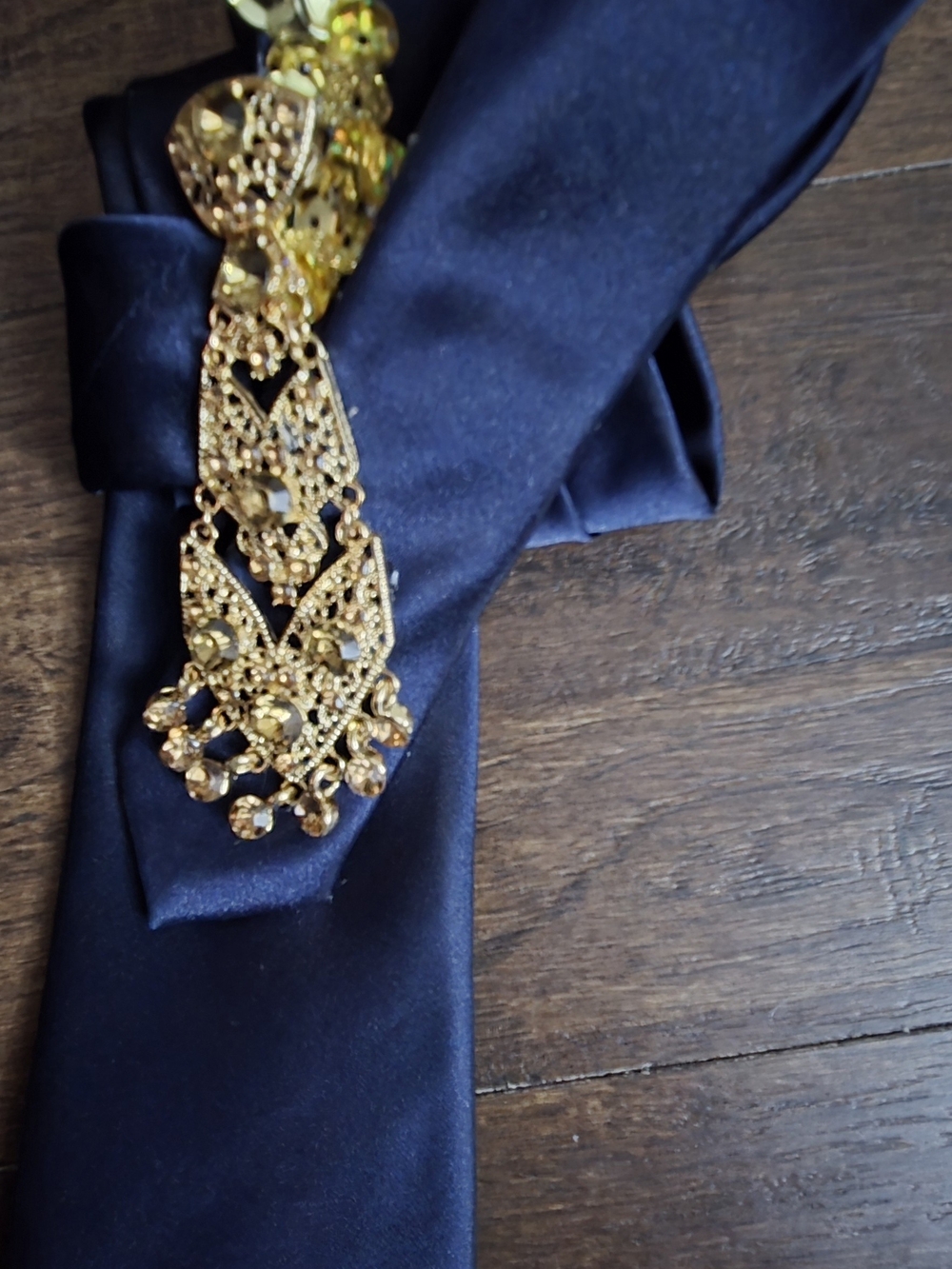 Navy Satin Women's Tie with Gold Filigree Accent